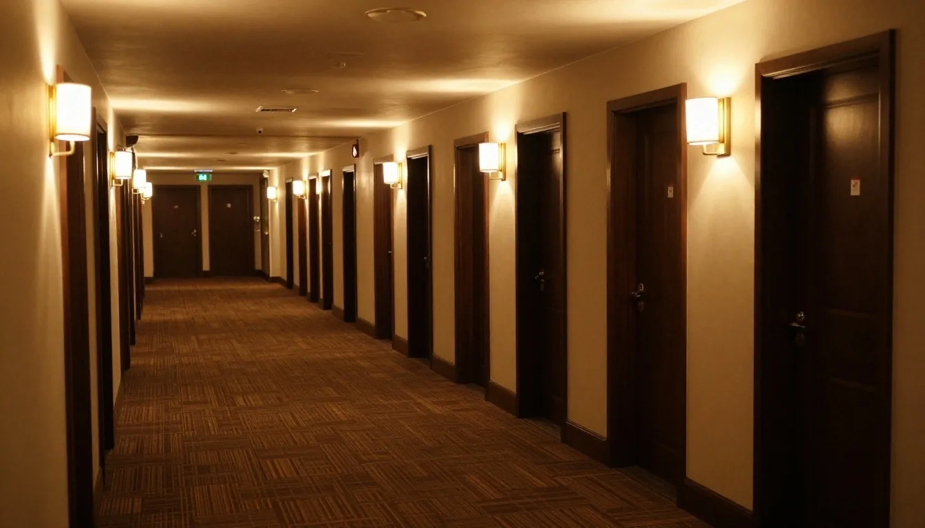 Korytarz hotelowy Grand Royal Gdańsk nocą
