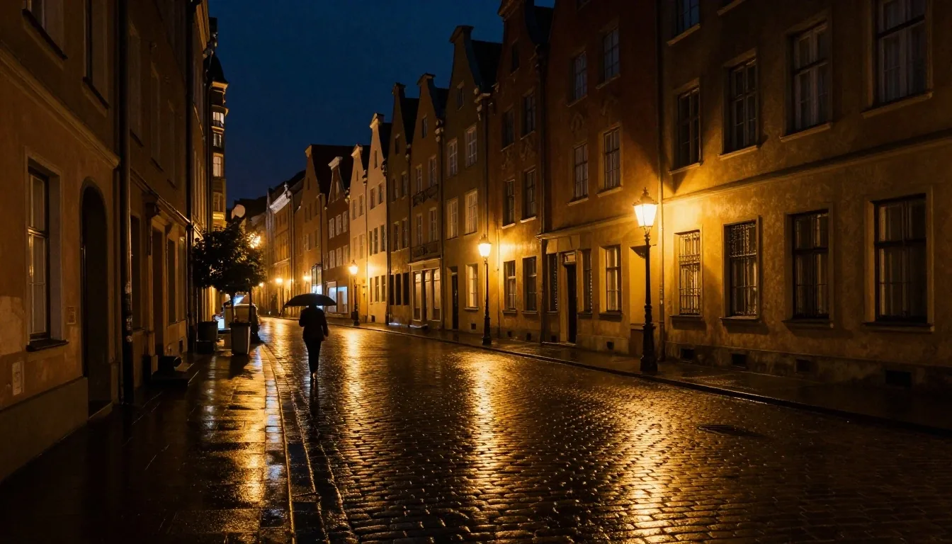 Ulica Długa w Gdańsku nocą — błyszcząca kostka brukowa pod ciepłymi latarniami
