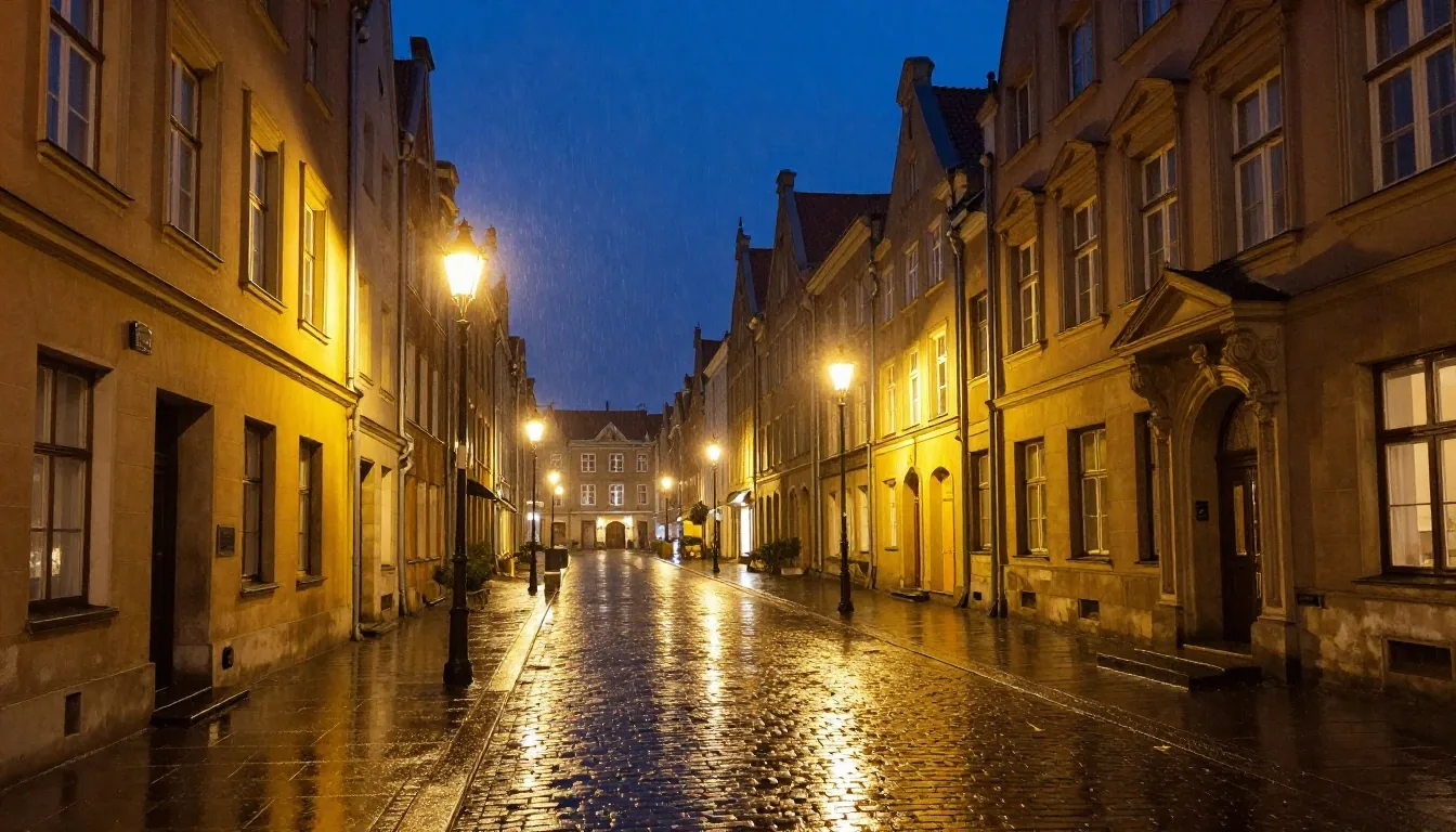 Ulica Długa w Gdańsku nocą — budynek Grand Royal Gdańsk przy wilgotnych brukowanych kamieniach