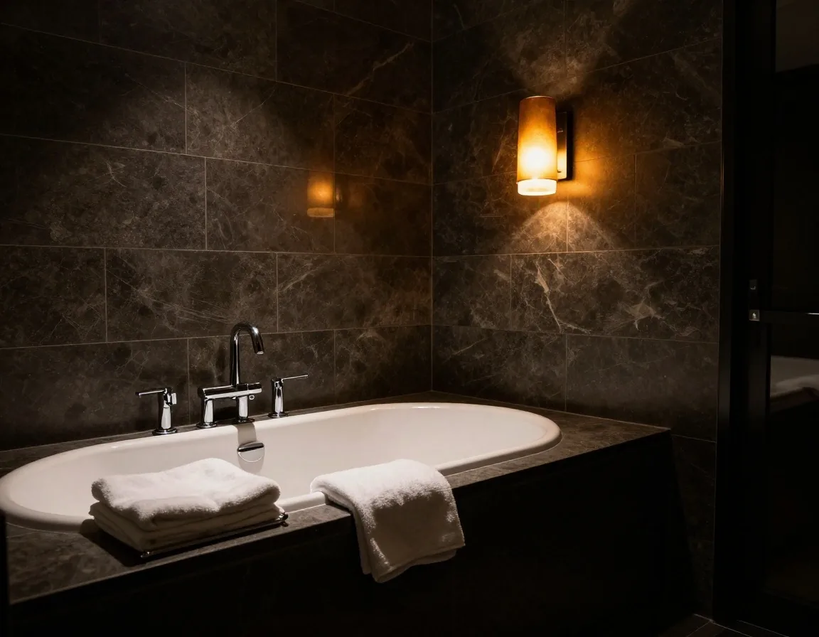 Wnętrze apartamentu hotelowego Grand Royal Gdańsk w nocnym oświetleniu